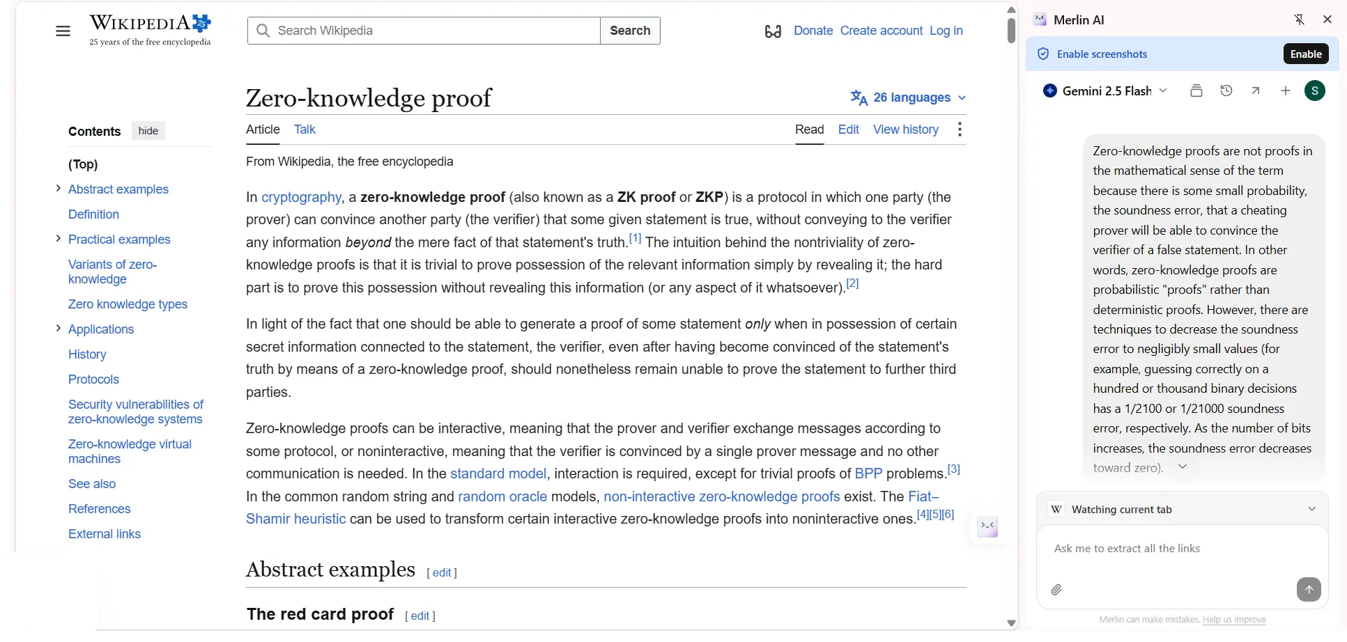 Merlin AI Chrome extension interface summarising a webpage for an Indian student