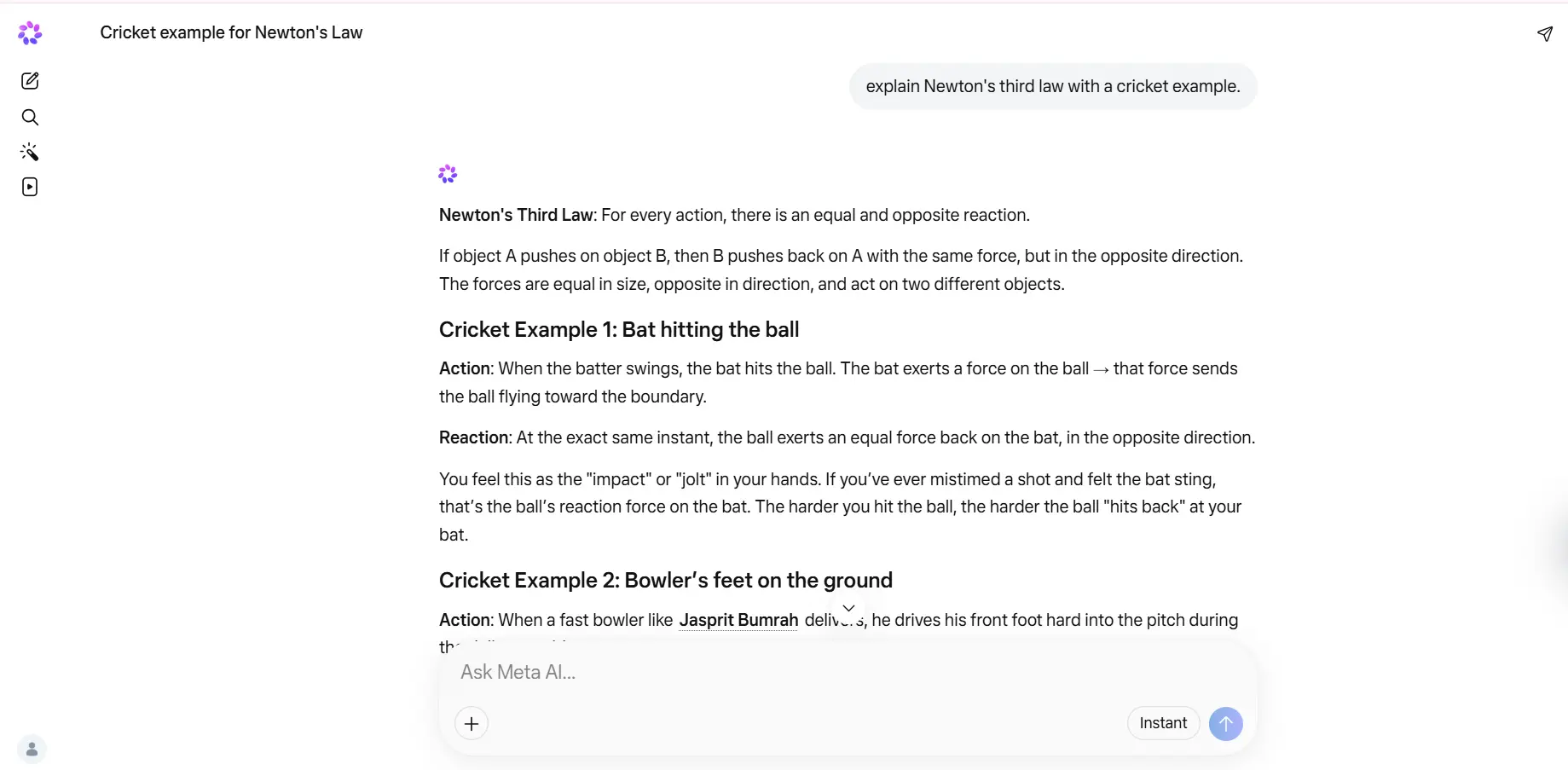 Meta AI free interface showing a quick answer to a student question on WhatsApp in India