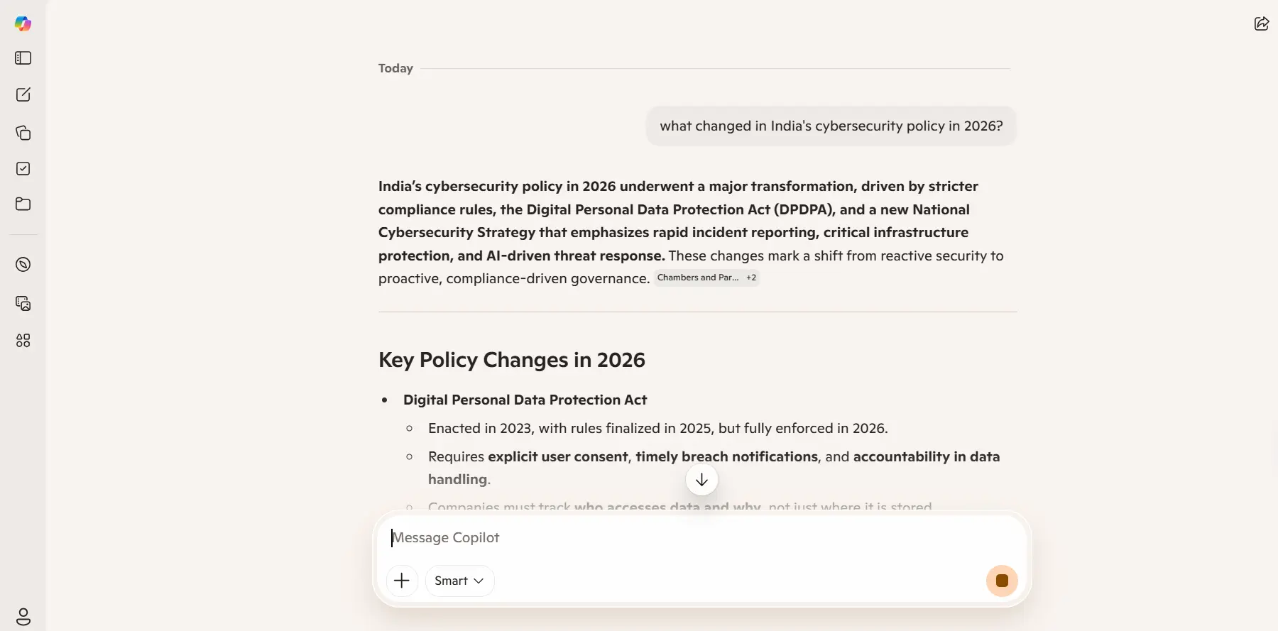 Microsoft Copilot free interface showing cited sources in response to a student research question